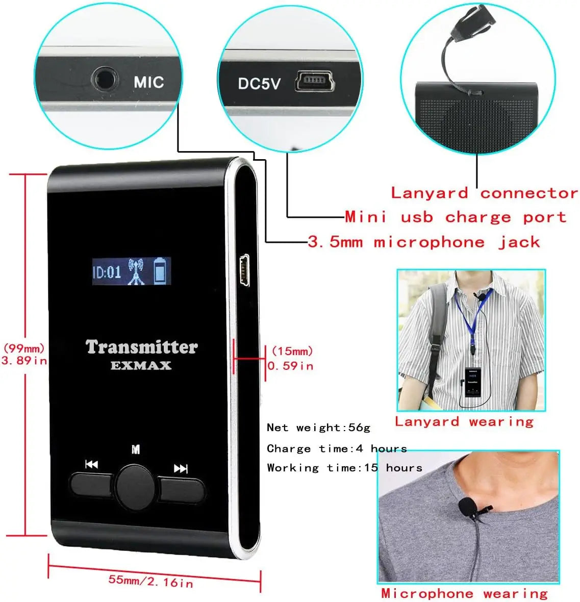 195MHz Wireless Tour Guide System with 1 Transmitter & 6 Receivers for Church Translation, Teaching, and Conference Use