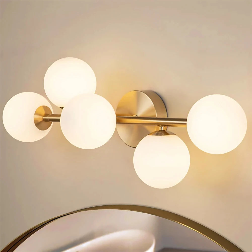 5-Light Mid Century Modern Gold Bathroom Light, 3CCT Dimmable LED with Milk Glass for Kitchen Dining Room, Gold
