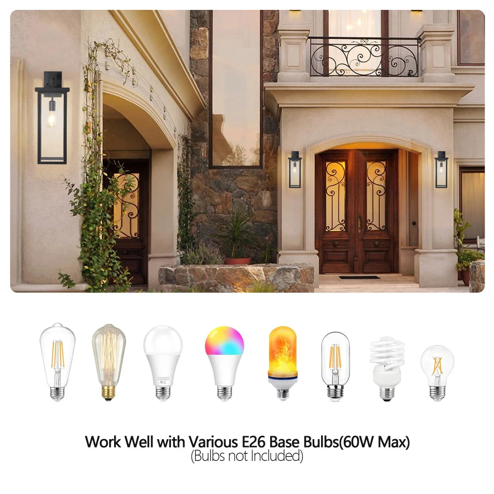 20"(H) Set of 2 Modern Outdoor Wall Sconces Black Frame Clear Glass Weatherproof Porch/Garage E26 No Bulbs