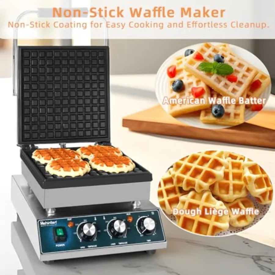 Commercial Belgian Waffle Maker 110V 2300W Electric Waffle Maker Dual Temperature Control 11.4x11.4 Inch Cooking Area Nonstick
