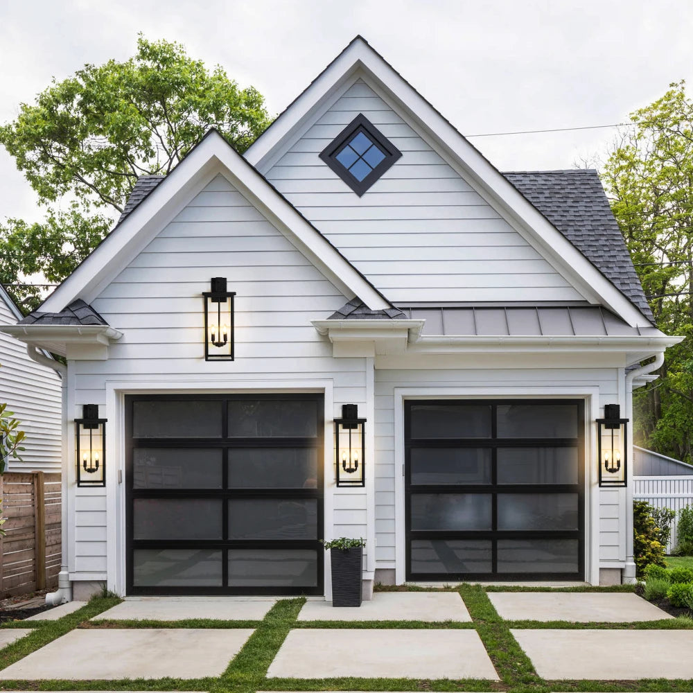 26"H Modern Outdoor Wall Lantern:Black Frame,Clear Glass,4 E12,Weatherproof Porch/Patio(No Bulbs)