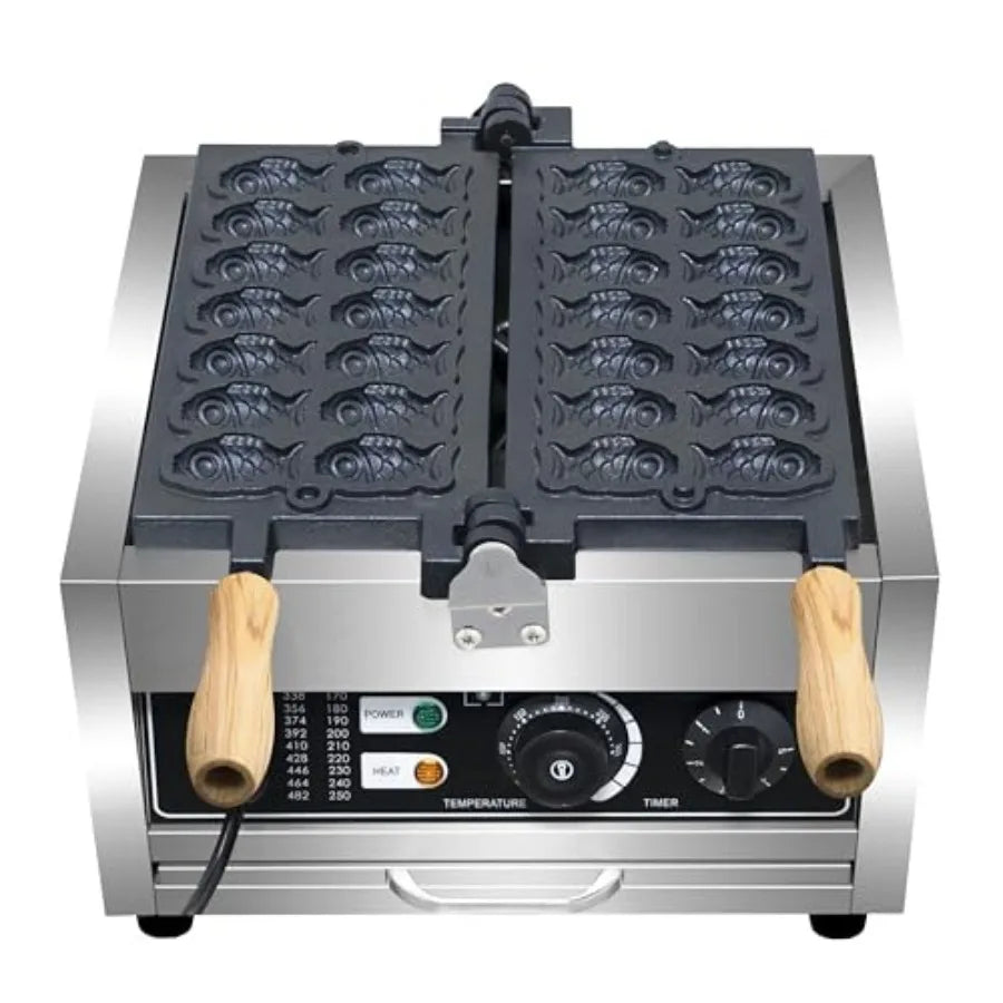 Commercial Taiyaki Fish Waffle Maker 14pcs Non-stick Big Eyes Small Fish Shaped Waffles Iron with Teflon Coating 50-300 Adjusta