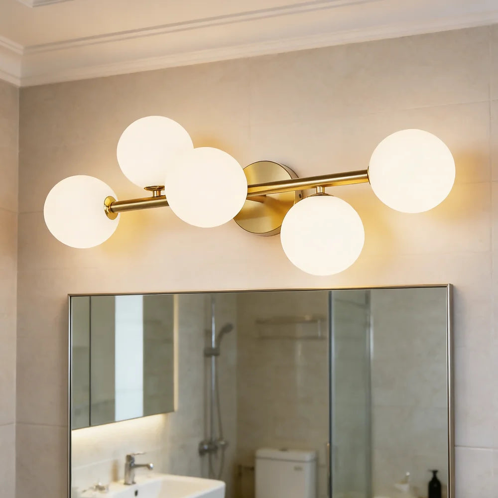 5-Light Mid Century Modern Gold Bathroom Light, 3CCT Dimmable LED with Milk Glass for Kitchen Dining Room, Gold