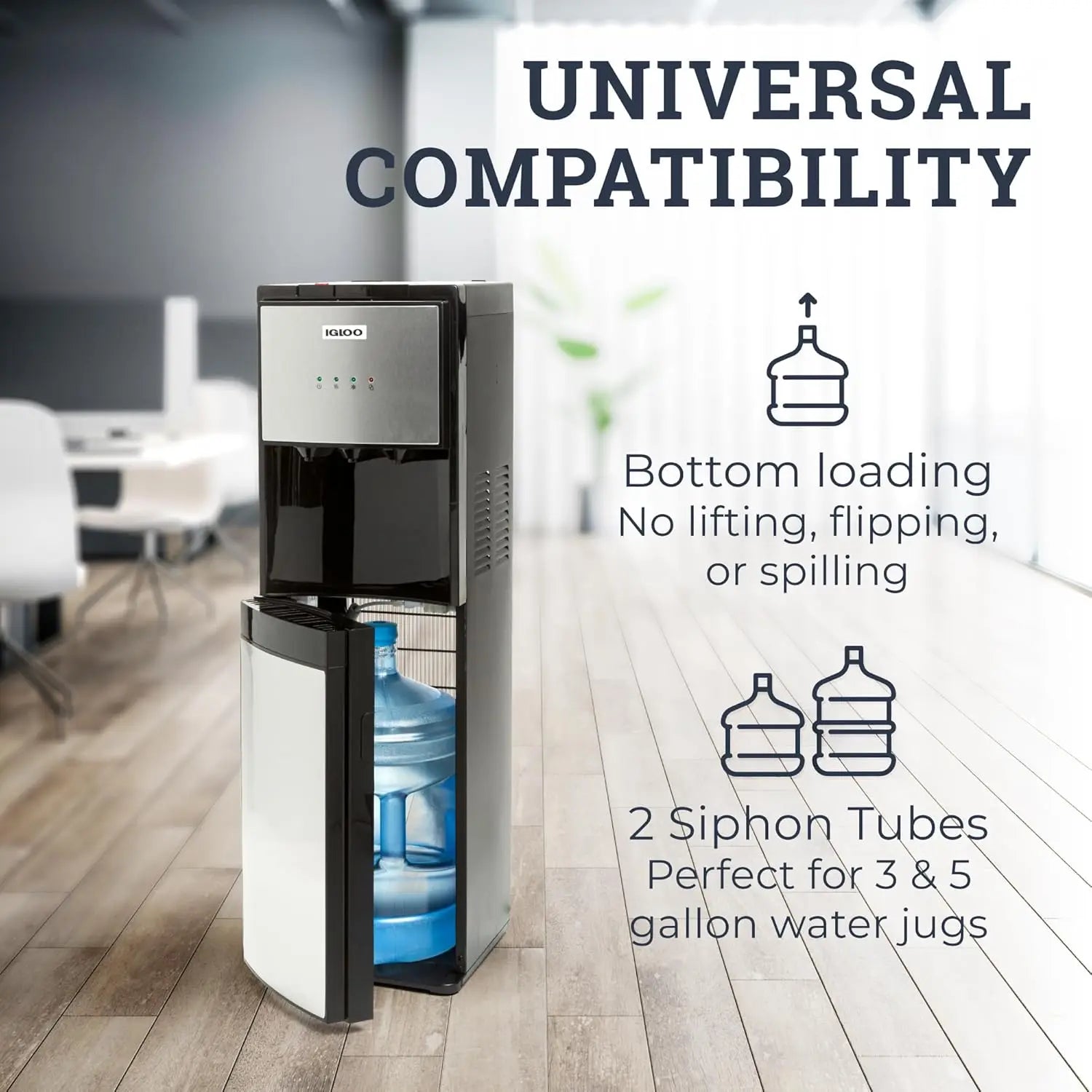 Hot Cold Room Temperature Water Dispenser - Stainless Steel, 3 & 5 Gallon Jugs, Child Safety Lock for Home Office Kitchen