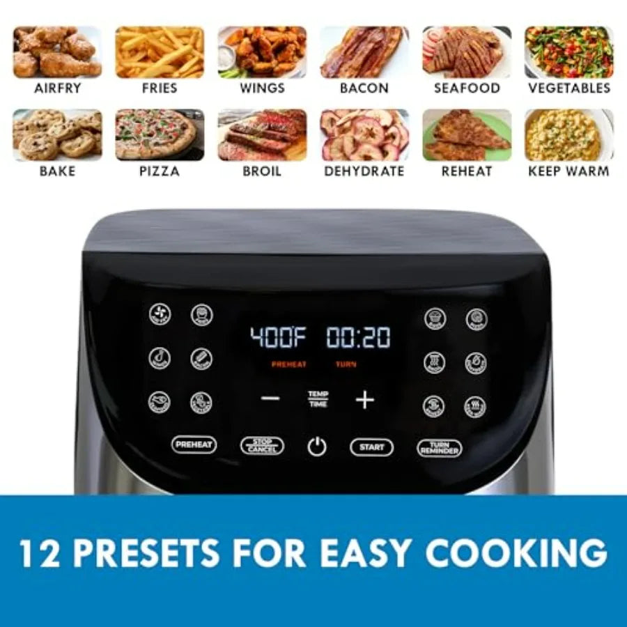 8 Quart Air Fryer with Non-Stick Basket Digital Touch Screen 12 Presets Countertop Kitchen Appliance Stainless Steel and Black