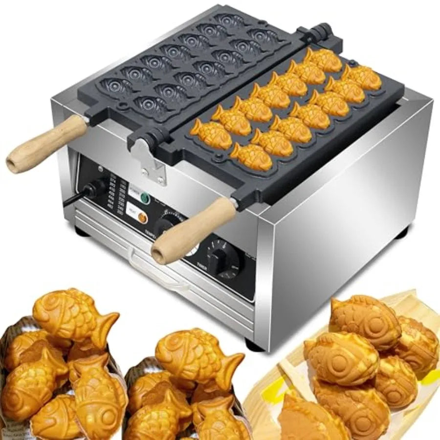 Commercial Taiyaki Fish Waffle Maker 14pcs Non-stick Big Eyes Small Fish Shaped Waffles Iron with Teflon Coating 50-300 Adjusta