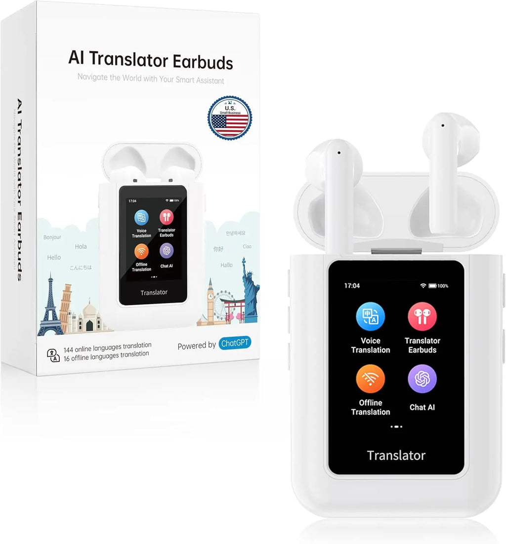 AI Translation Earbuds Real-Time in 144 Languages, Offline Device for Business Conferences, No App Needed (White)