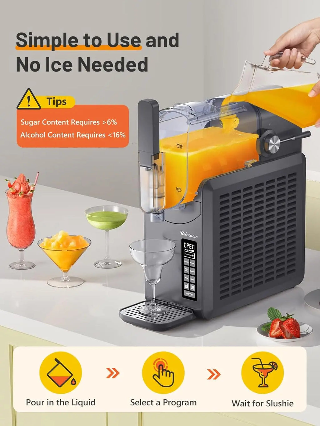 Slushie Machine No Ice Needed, 88 oz Frozen Drink Maker with Self-Cleaning for Margaritas, Frappés & More