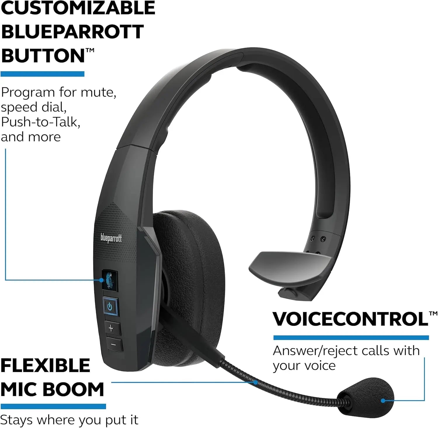Noise Canceling Bluetooth Headset with Mic, All Day Comfort, 300 ft Range, 24 hrs Talk Time