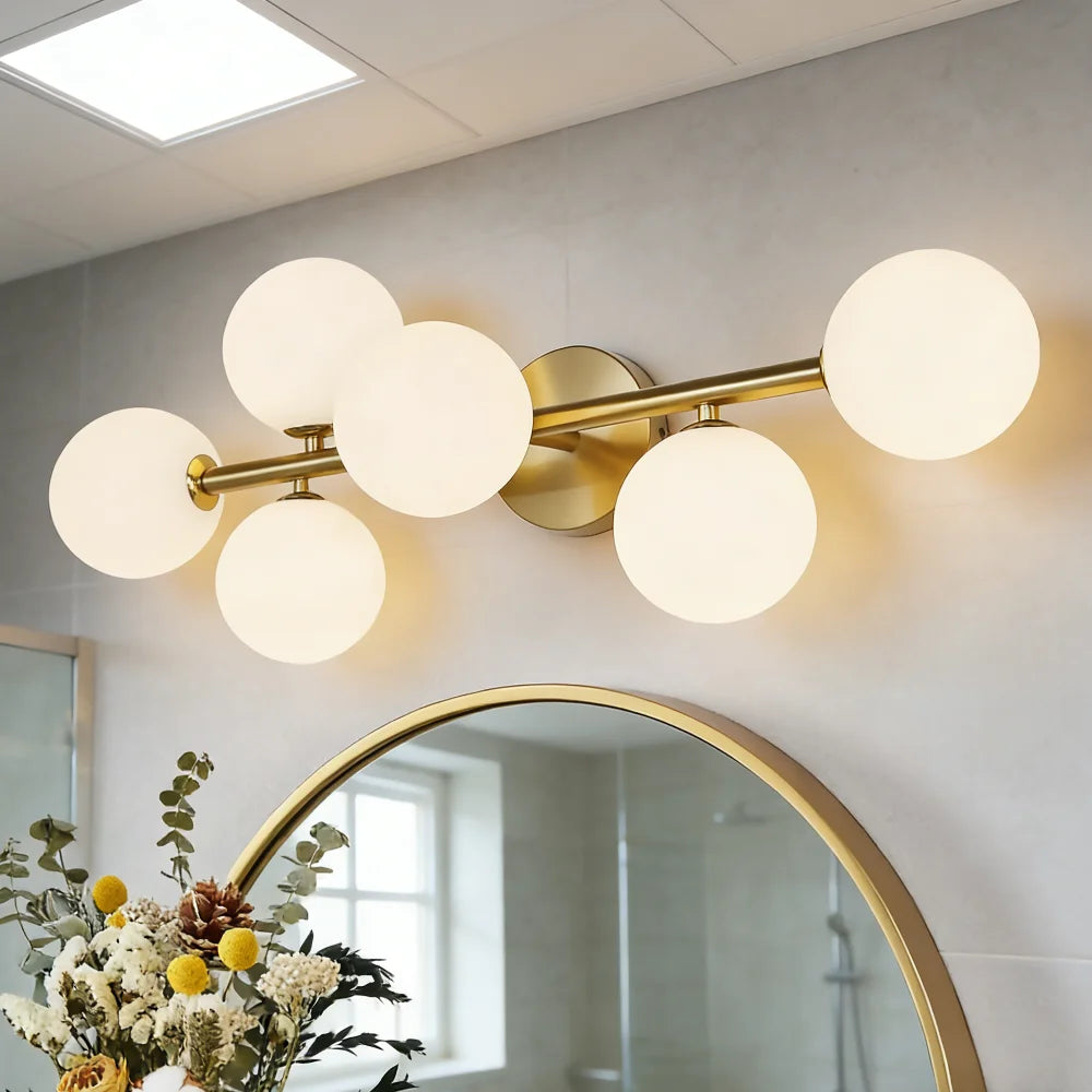 5-Light Mid Century Modern Gold Bathroom Light, 3CCT Dimmable LED with Milk Glass for Kitchen Dining Room, Gold