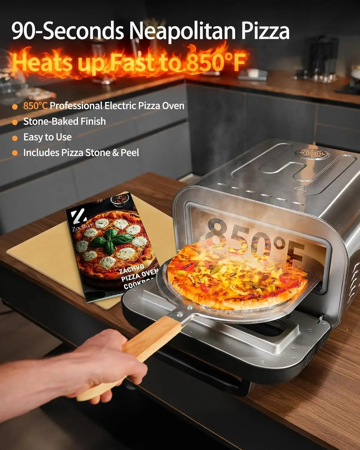 Electric Indoor Pizza Oven, Heats to 850°F, Cooks 12" Pizzas in 90 Seconds with Touchscreen Presets and Included Accessories