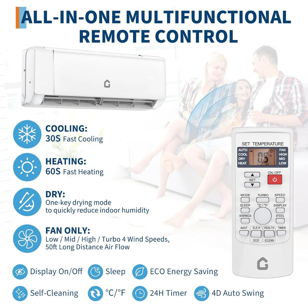 High SEER 18.5-22 Inverter Mini Split Air Conditioner Heat Pump – 9000-24000BTU 115V/230V WiFi Remote Easy Installation For Home