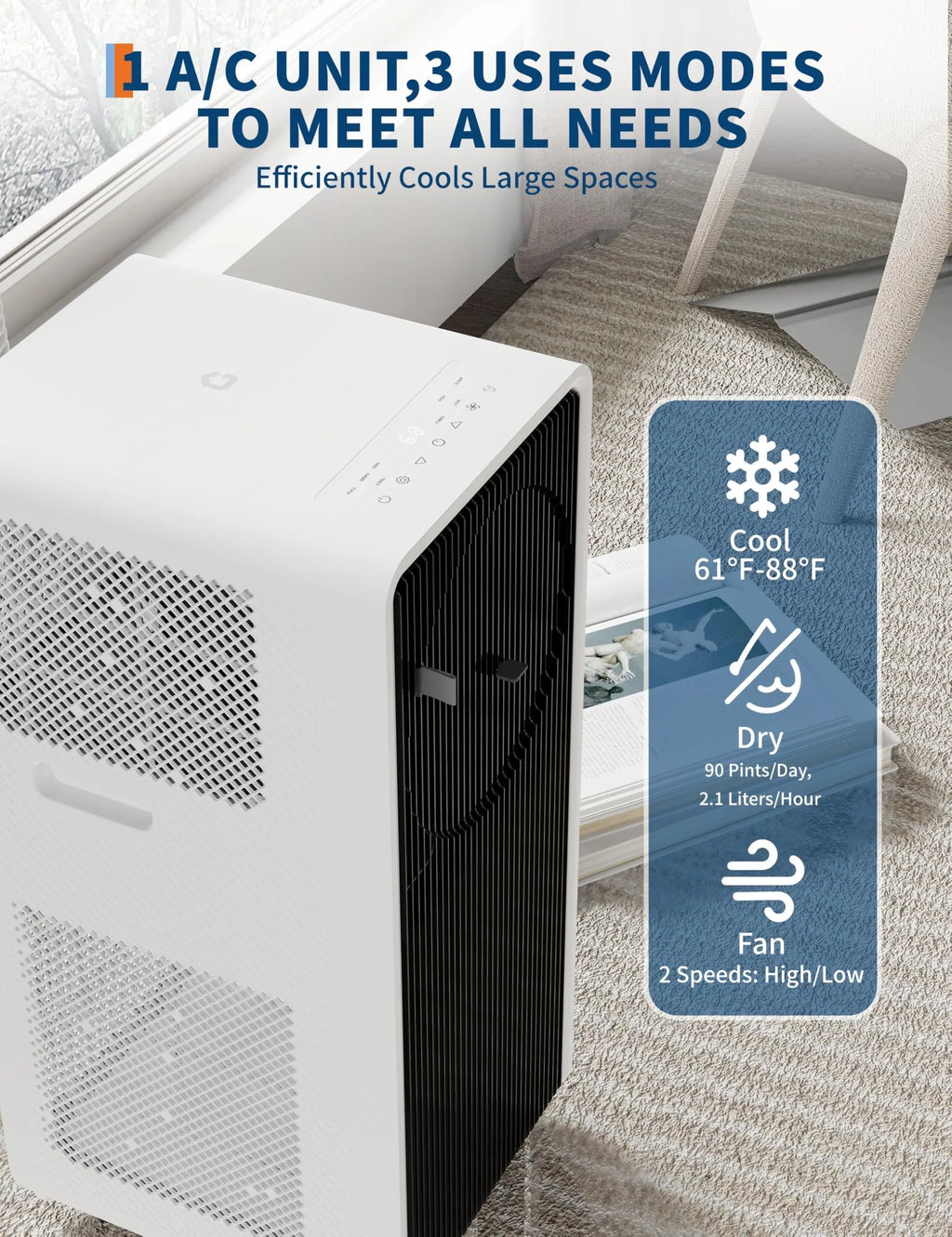14,000BTU Portable Air Conditioner, 52 dB Quiet AC Unit with Fan and Dehumidifier, Remote control For Rooms up to 750 Sq. Ft