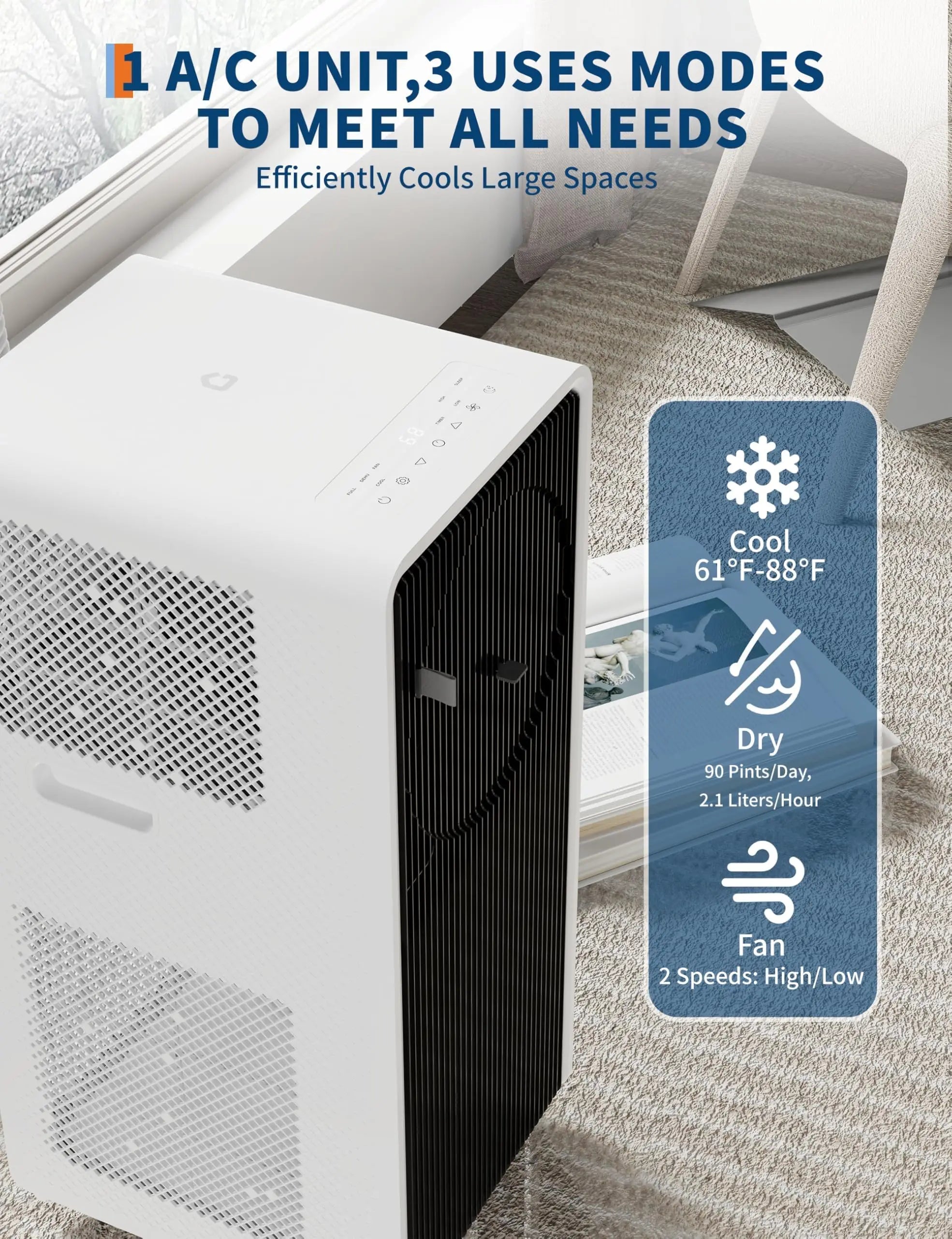 14,000BTU Portable Air Conditioner, 52 dB Quiet AC Unit with Fan and Dehumidifier, Remote control For Rooms up to 750 Sq. Ft