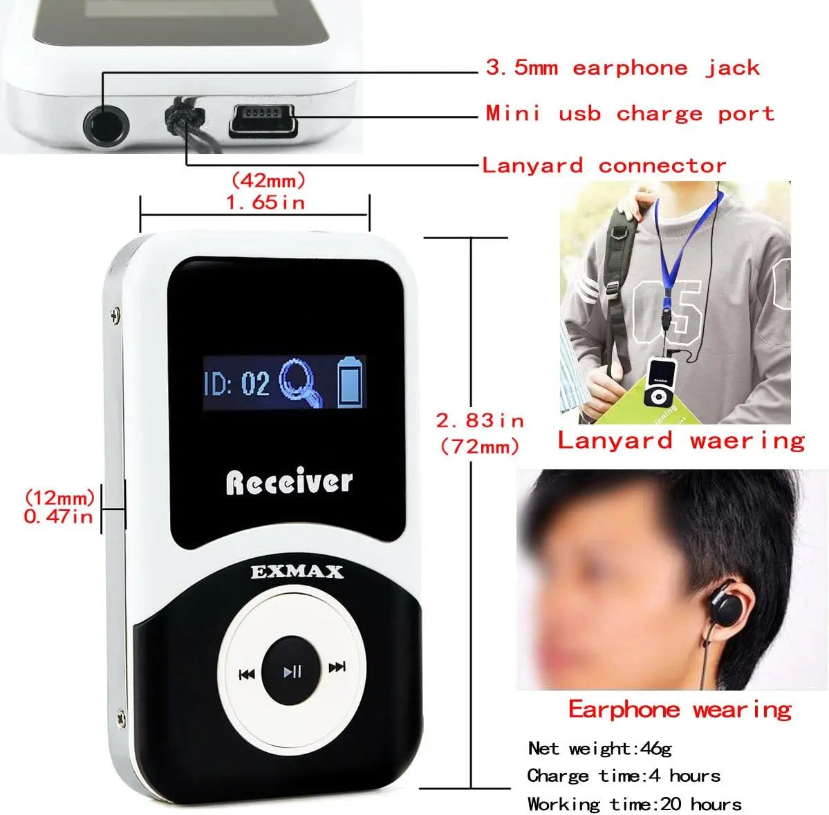 195MHz Wireless Tour Guide System with 1 Transmitter & 6 Receivers for Church Translation, Teaching, and Conference Use
