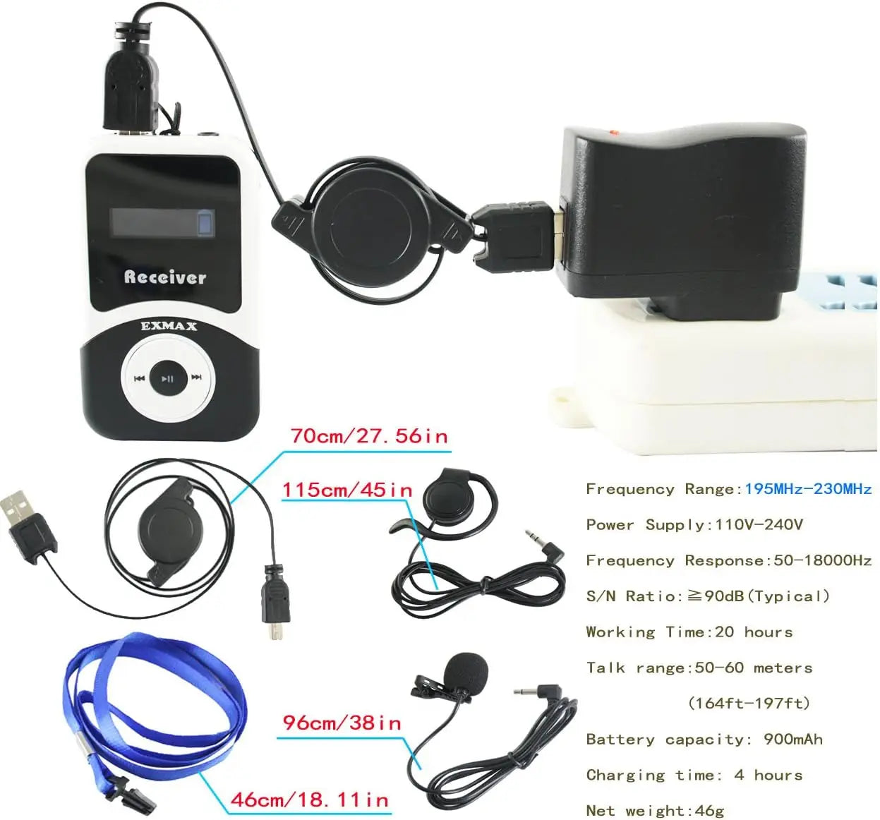 195MHz Wireless Tour Guide System with 1 Transmitter & 6 Receivers for Church Translation, Teaching, and Conference Use