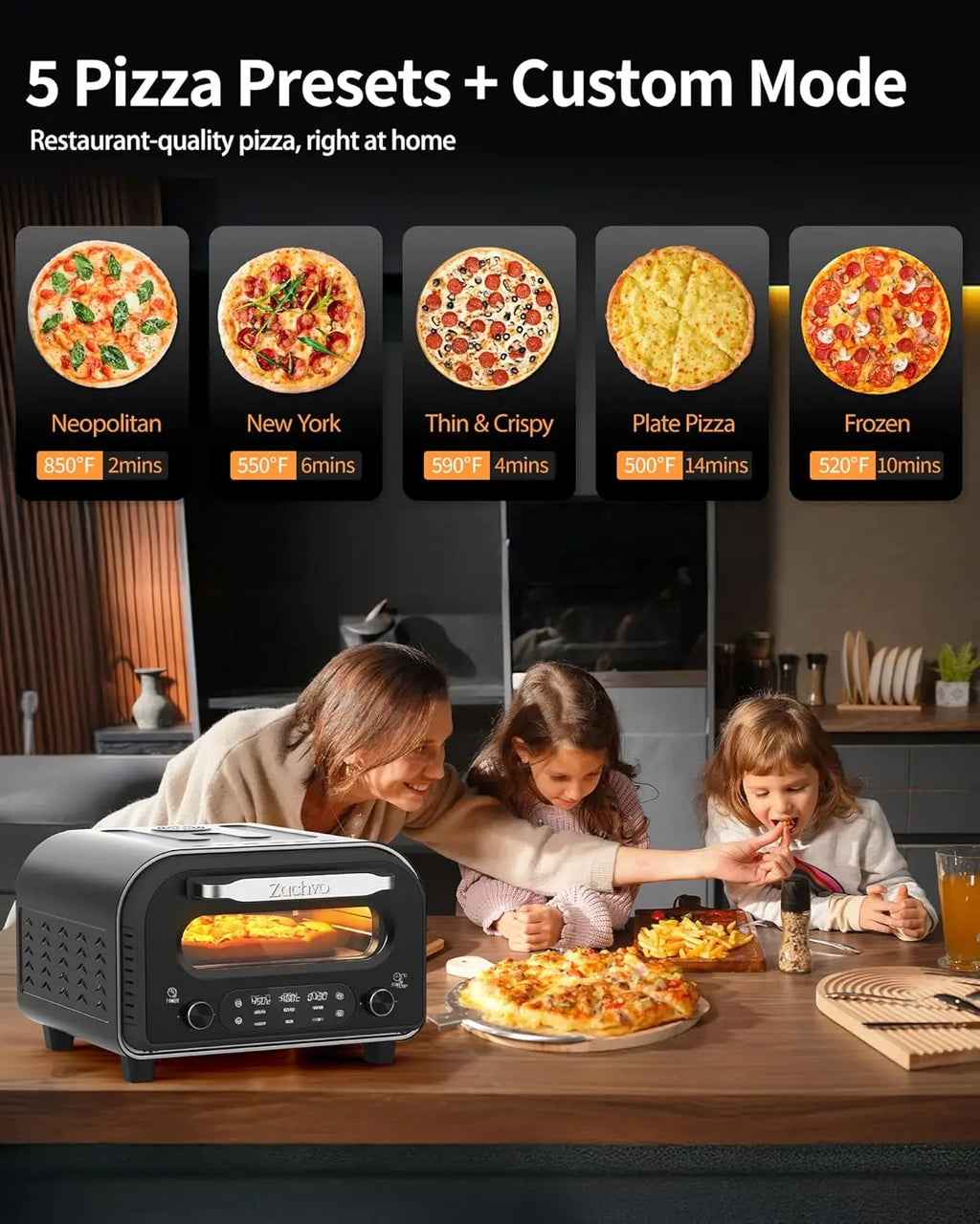Electric Indoor Pizza Oven, Heats to 850°F, Cooks 12" Pizzas in 90 Seconds with Touchscreen Presets and Included Accessories