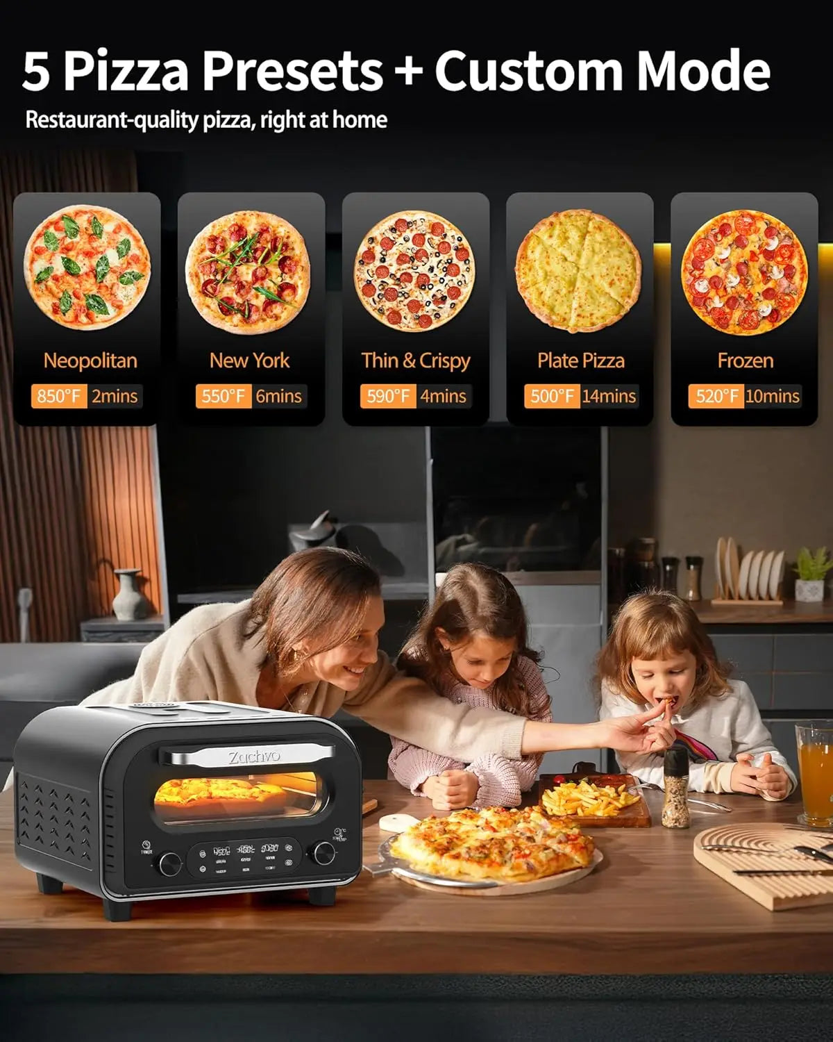 Electric Indoor Pizza Oven, Heats to 850°F, Cooks 12" Pizzas in 90 Seconds with Touchscreen Presets and Included Accessories