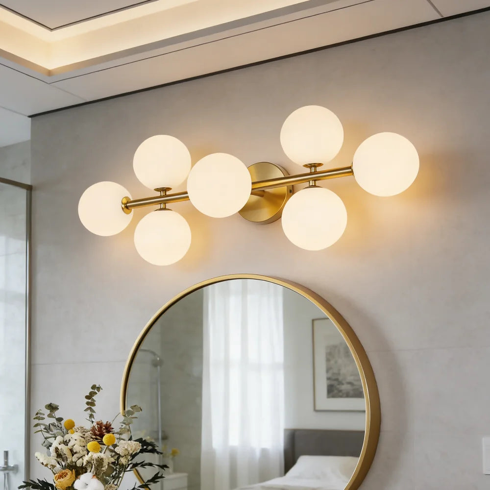 5-Light Mid Century Modern Gold Bathroom Light, 3CCT Dimmable LED with Milk Glass for Kitchen Dining Room, Gold