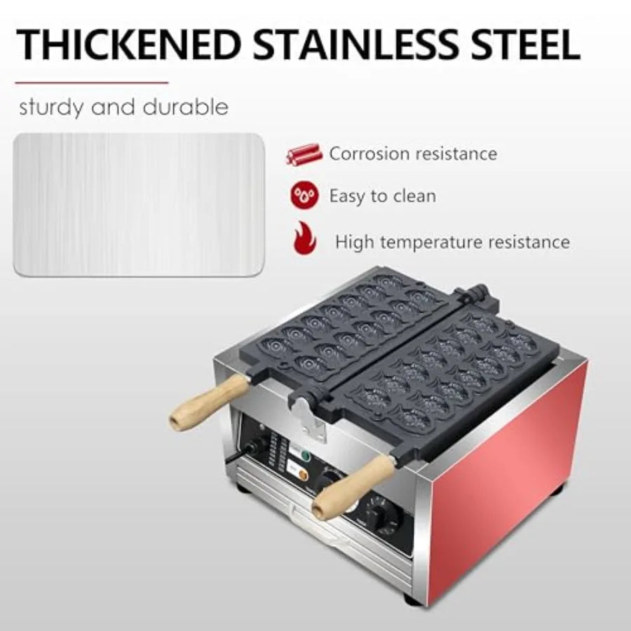 Commercial Taiyaki Fish Waffle Maker 14pcs Non-stick Big Eyes Small Fish Shaped Waffles Iron with Teflon Coating 50-300 Adjusta