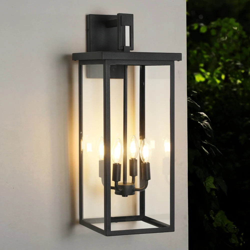 26"H Modern Outdoor Wall Lantern:Black Frame,Clear Glass,4 E12,Weatherproof Porch/Patio(No Bulbs)