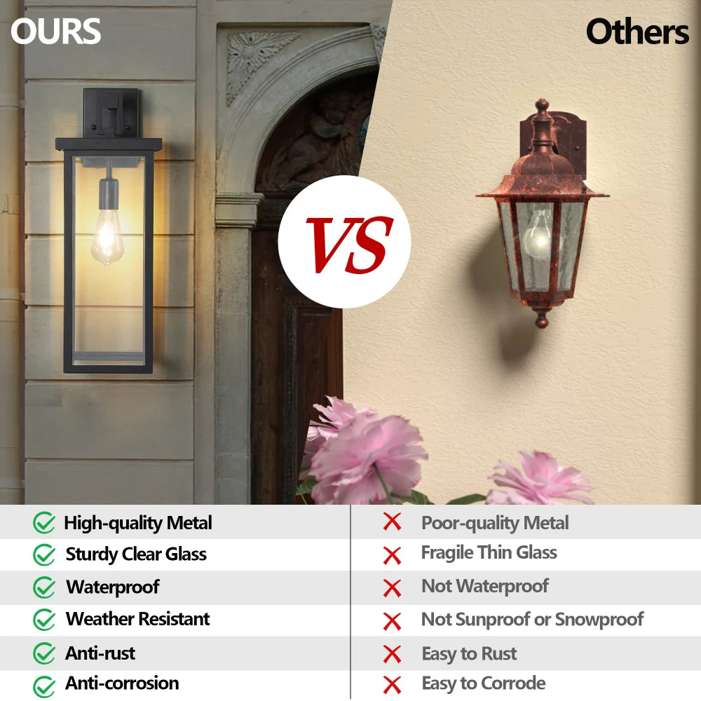 20"(H) Set of 2 Modern Outdoor Wall Sconces Black Frame Clear Glass Weatherproof Porch/Garage E26 No Bulbs