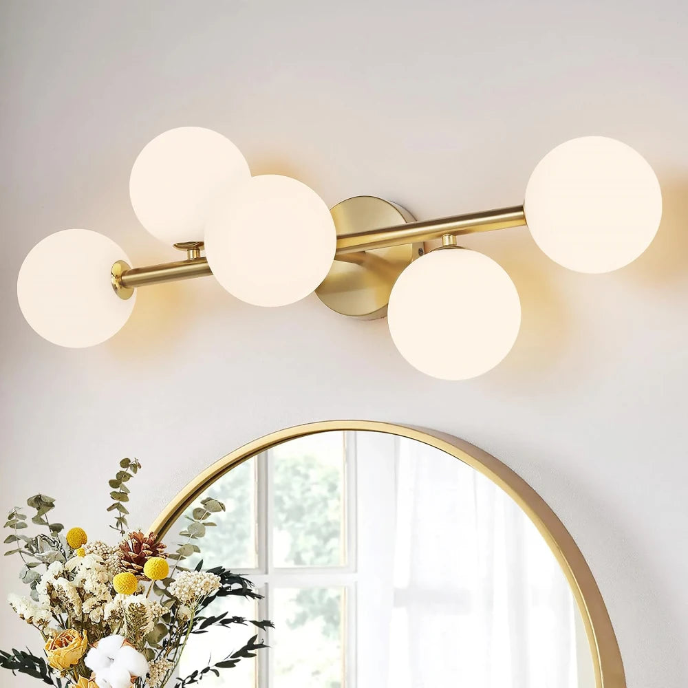 5-Light Mid Century Modern Gold Bathroom Light, 3CCT Dimmable LED with Milk Glass for Kitchen Dining Room, Gold