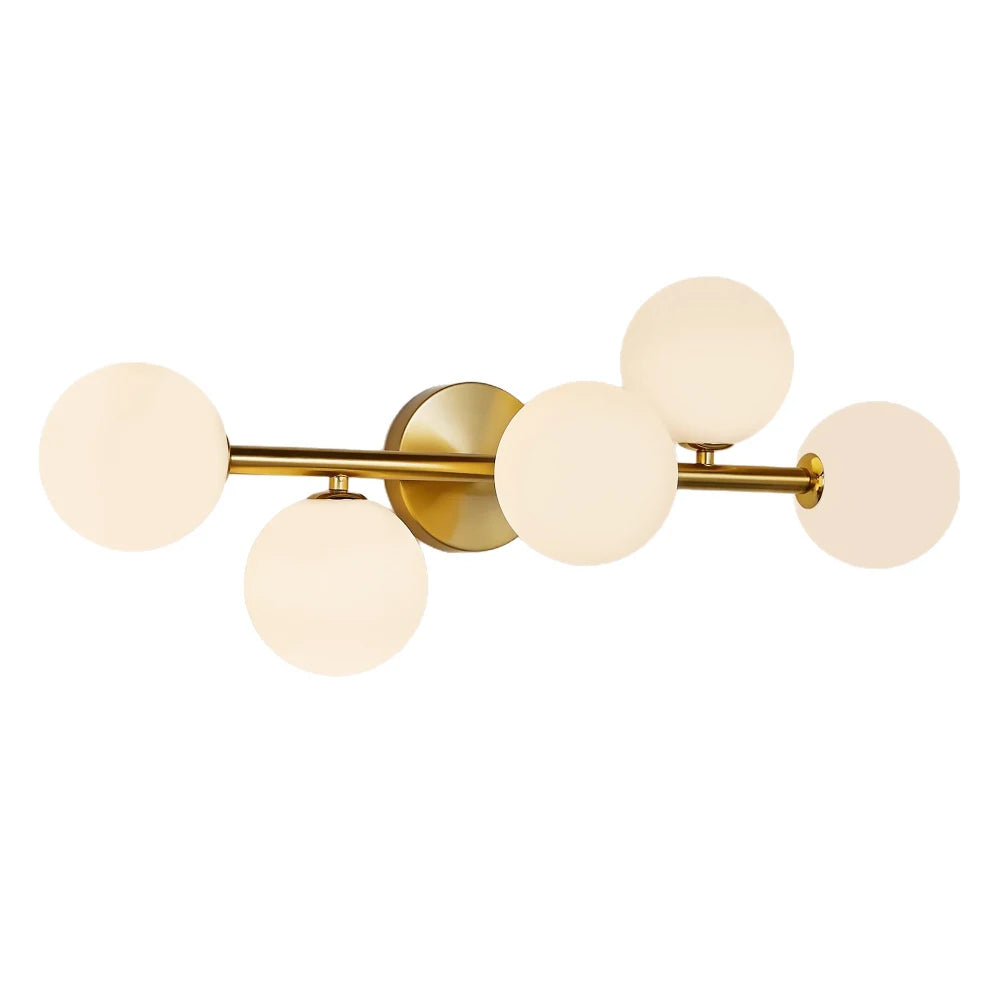 5-Light Mid Century Modern Gold Bathroom Light, 3CCT Dimmable LED with Milk Glass for Kitchen Dining Room, Gold