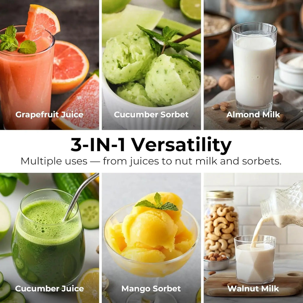 3-in-1 Cold Press Juicer with Large Chute, 100oz Capacity, AC Motor for Juice, Nut Milk & Sorbet