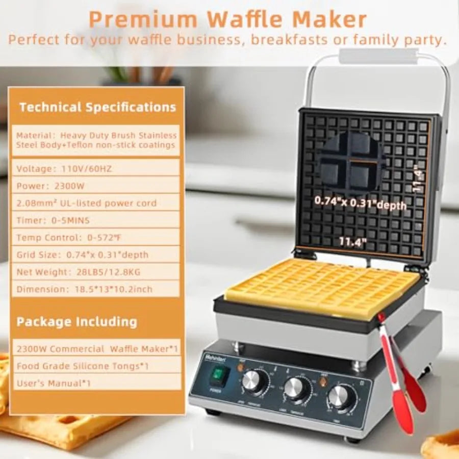 Commercial Belgian Waffle Maker 110V 2300W Electric Waffle Maker Dual Temperature Control 11.4x11.4 Inch Cooking Area Nonstick