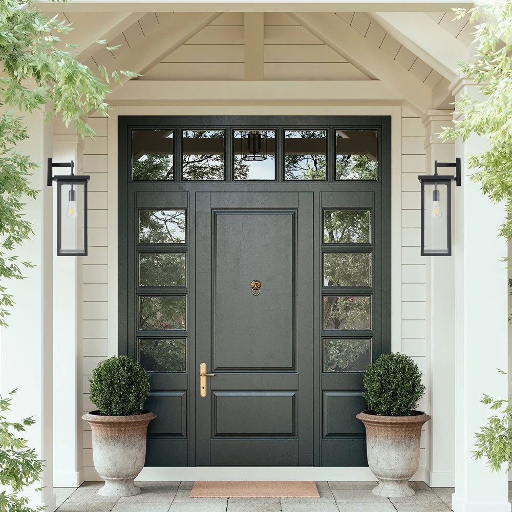 20"(H) Set of 2 Modern Outdoor Wall Sconces Black Frame Clear Glass Weatherproof Porch/Garage E26 No Bulbs