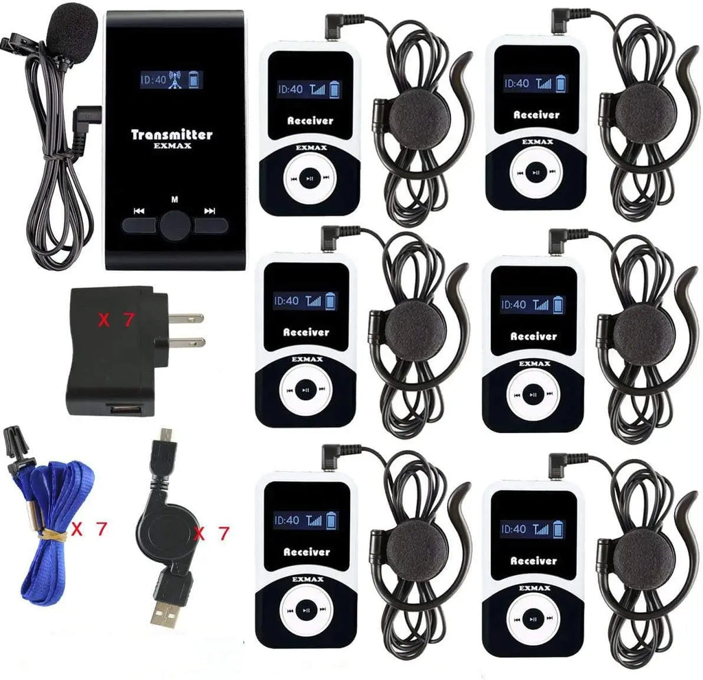 195MHz Wireless Tour Guide System with 1 Transmitter & 6 Receivers for Church Translation, Teaching, and Conference Use