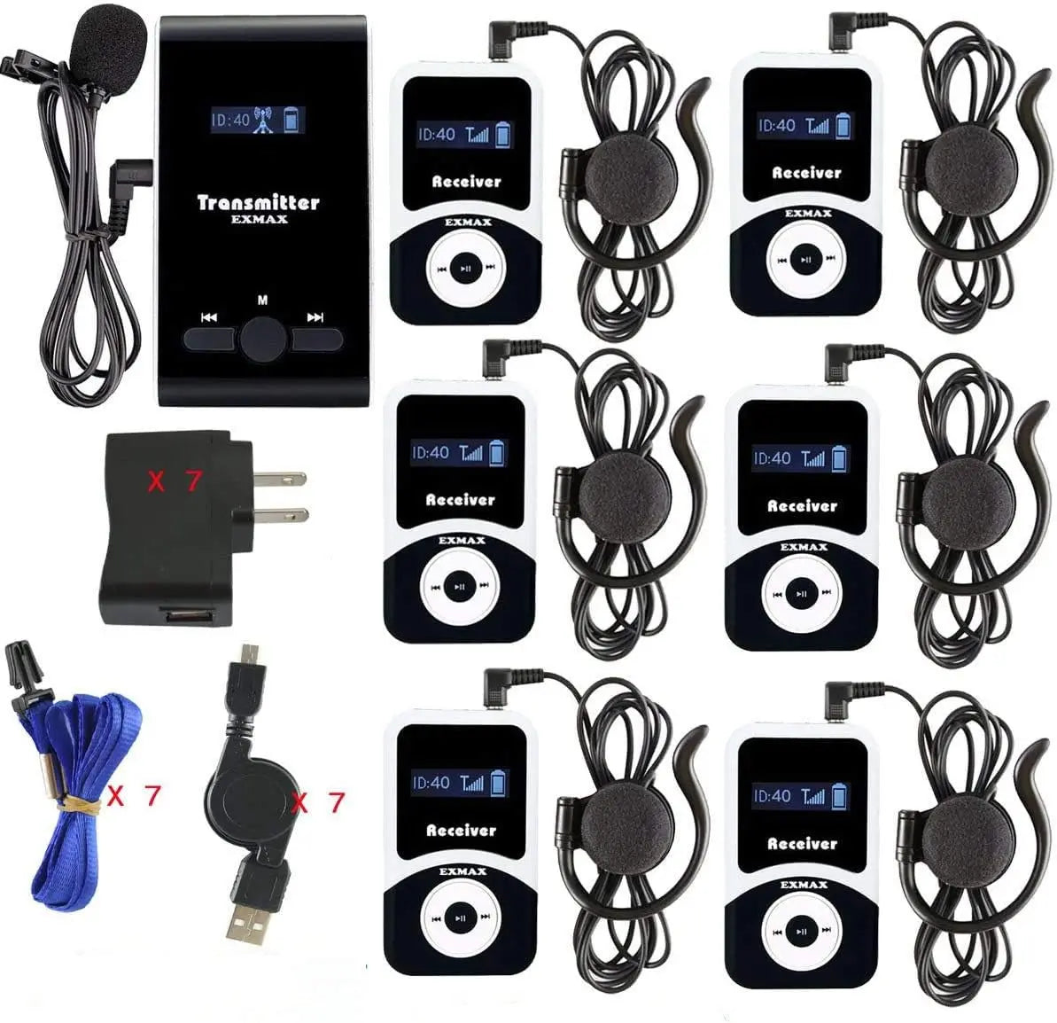 195MHz Wireless Tour Guide System with 1 Transmitter & 6 Receivers for Church Translation, Teaching, and Conference Use
