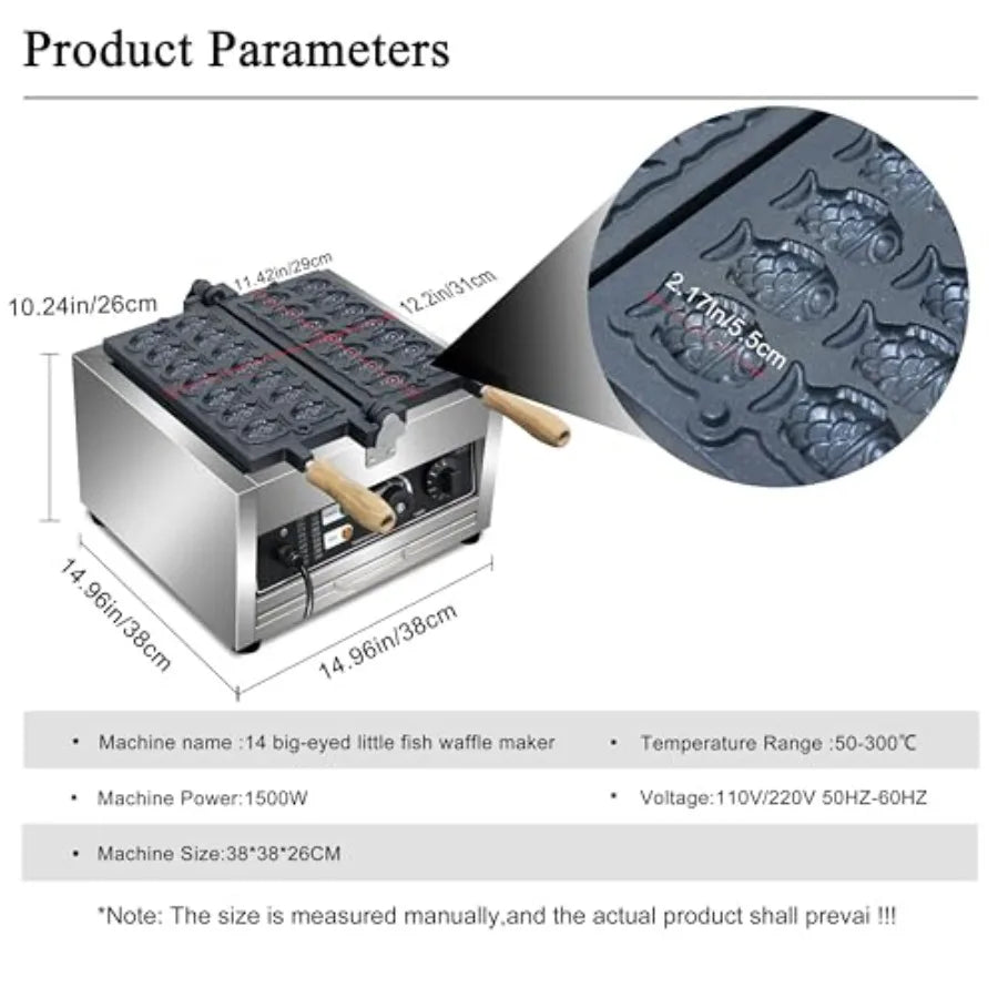 Commercial Taiyaki Fish Waffle Maker 14pcs Non-stick Big Eyes Small Fish Shaped Waffles Iron with Teflon Coating 50-300 Adjusta