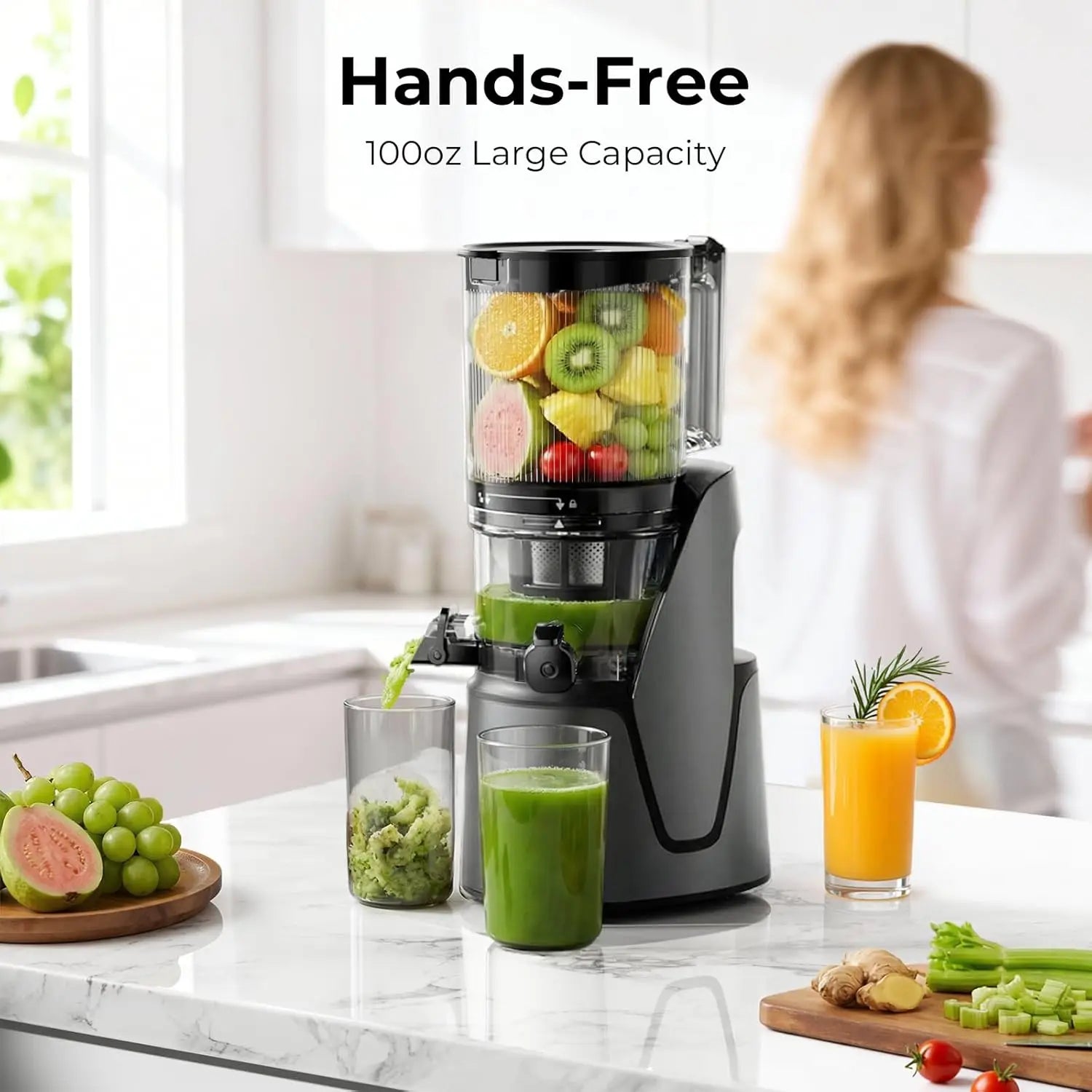 3-in-1 Cold Press Juicer with Large Chute, 100oz Capacity, AC Motor for Juice, Nut Milk & Sorbet