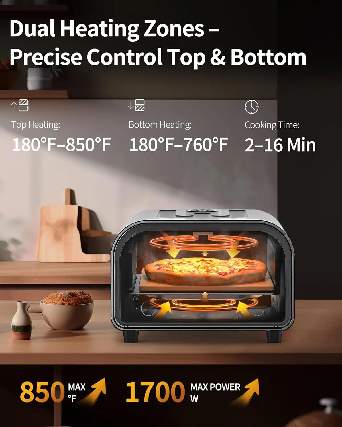 Electric Indoor Pizza Oven, Heats to 850°F, Cooks 12" Pizzas in 90 Seconds with Touchscreen Presets and Included Accessories