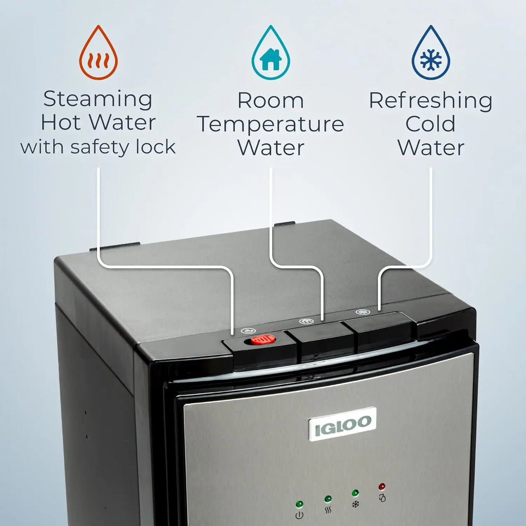 Hot Cold Room Temperature Water Dispenser - Stainless Steel, 3 & 5 Gallon Jugs, Child Safety Lock for Home Office Kitchen